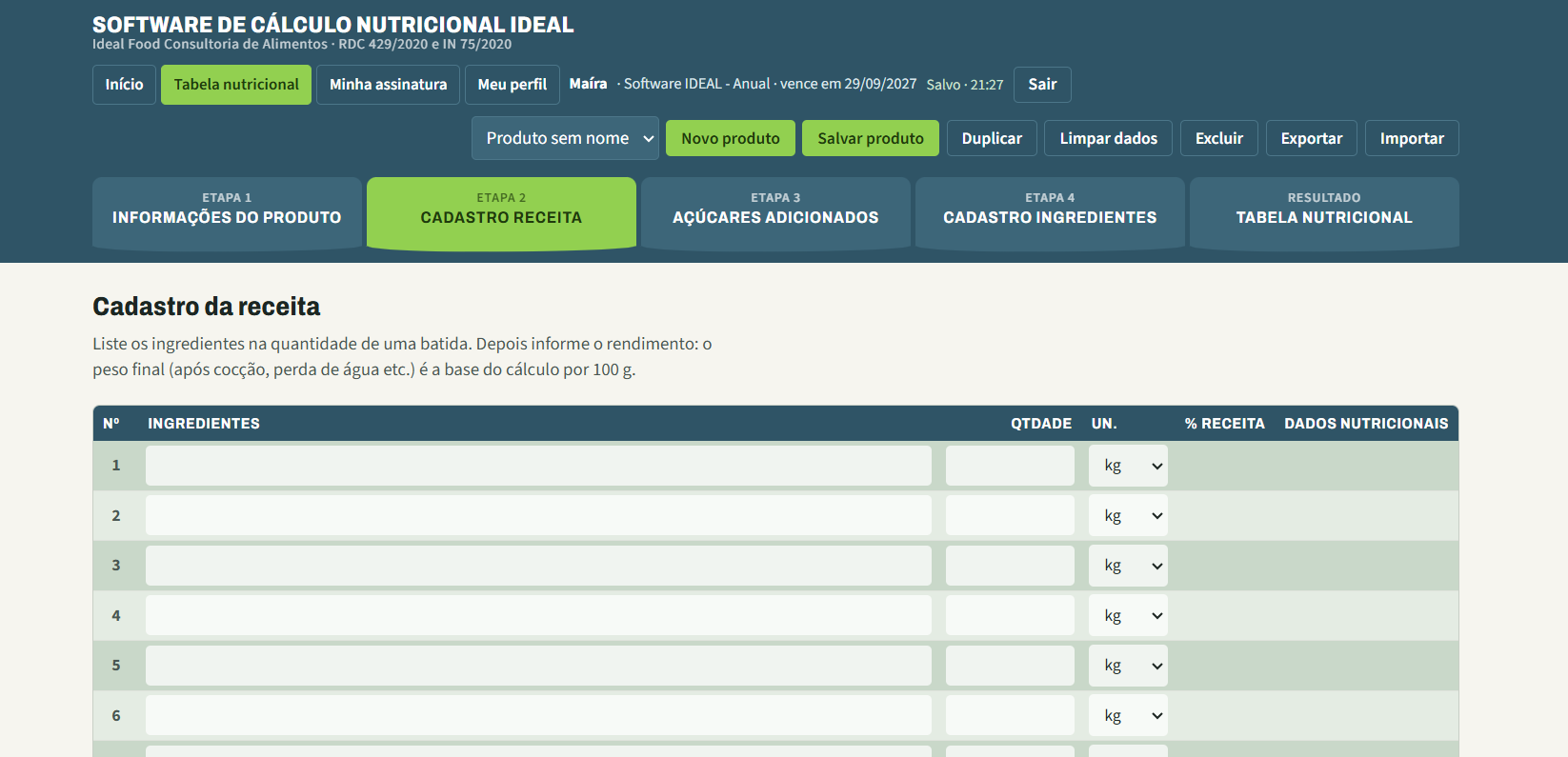 Tela de cadastro da receita do Software IDEAL, com ingredientes, quantidades e rendimento